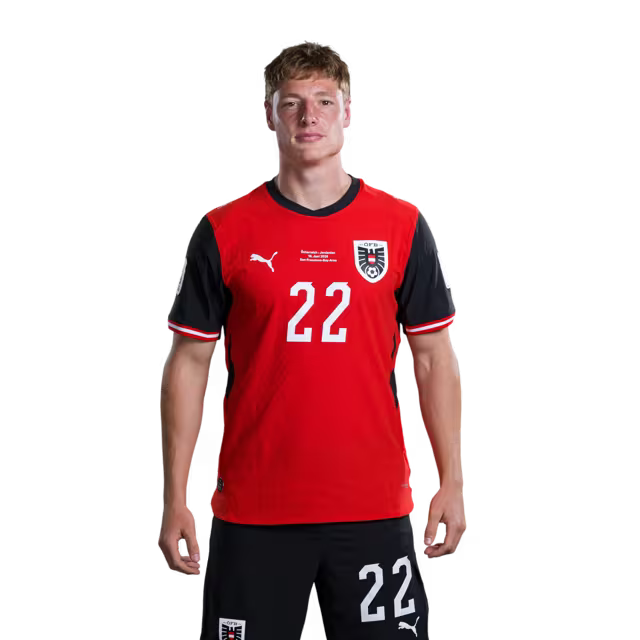 Austria National Team 2026 World Cup Jersey (Player Version/Match Issue) — Midfielders: No. 19 Dejan Ljubicic, No. 20 Konrad Laimer, No. 22 Alexander Prass/Mittelfeldspieler: Nr. 19 Dejan LJUBICIC, Nr. 20 Konrad LAIMER, Nr. 22 Alexander PRASS
