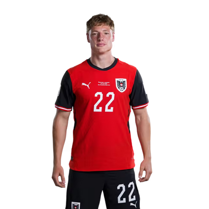 Austria National Team 2026 World Cup Jersey (Player Version/Match Issue) — Midfielders: No. 19 Dejan Ljubicic, No. 20 Konrad Laimer, No. 22 Alexander Prass/Mittelfeldspieler: Nr. 19 Dejan LJUBICIC, Nr. 20 Konrad LAIMER, Nr. 22 Alexander PRASS