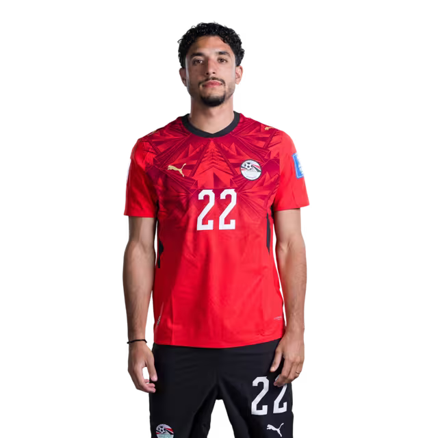 Egypt National Football Team 2026 World Cup Jersey (Player/Match Version) — Forwards: No. 12 Haitham Hassan, No. 20 Ibrahim Adel, No. 22 Omar Marmoush, No. 25 Zizo./ المهاجمون: رقم 12 هيثم حسن، رقم 20 إبراهيم عادل، رقم 22 عمر مرموش، رقم 25 زيزو.