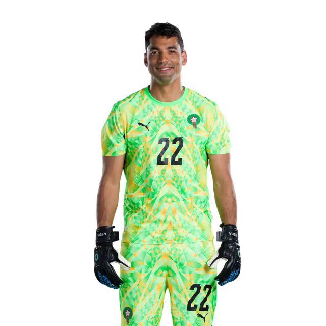 Morocco National Football Team 2026 World Cup Jersey (Player/Match Version) — Goalkeepers: No. 1 Yassine Bounou, No. 12 Munir Mohamedi (El Kajoui), No. 22 Ahmed Reda Tagnaouti/ قميص المنتخب المغربي لكرة القدم لكأس العالم