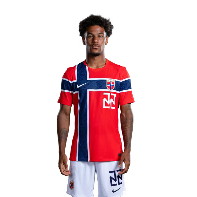 Norway National Team 2026 World Cup Jersey (Player Version/Match Issue) — Midfielders: No. 19 Teo Asgaard, No. 21 Andreas Schjelderup, No. 22 Oscar Bobb, No. 23 Jens Petter Hauge / Norges fotballag 2026 VM-drakt