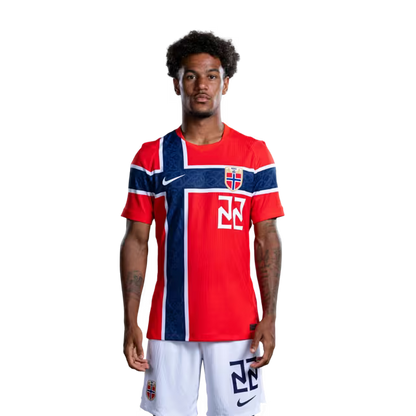 Norway National Team 2026 World Cup Jersey (Player Version/Match Issue) — Midfielders: No. 19 Teo Asgaard, No. 21 Andreas Schjelderup, No. 22 Oscar Bobb, No. 23 Jens Petter Hauge / Norges fotballag 2026 VM-drakt