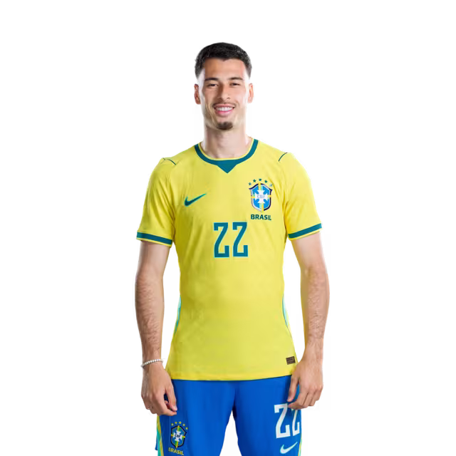Brazil National Team 2026 World Cup Jersey (Player Version/Match Issue) — Forwards: No. 22 Gabriel Martinelli, No. 25 Igor Thiago, No. 26 Rayan/ Atacantes: Nº 22 GABRIEL MARTINELLI, Nº 25 IGOR THIAGO, Nº 26 RAYAN