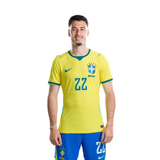 Brazil National Team 2026 World Cup Jersey (Player Version/Match Issue) — Forwards: No. 22 Gabriel Martinelli, No. 25 Igor Thiago, No. 26 Rayan/ Atacantes: Nº 22 GABRIEL MARTINELLI, Nº 25 IGOR THIAGO, Nº 26 RAYAN