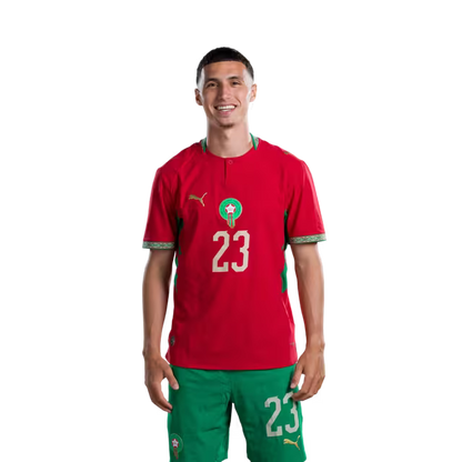 Morocco national football team 2026 World Cup jersey (Player/Match version) — Midfielders: No. 16 Yassine Kechta, No. 23 Bilal El Khannouss, No. 24 Neil El Aynaoui./ لاعبو الوسط: رقم 16 جسيم ياسين، رقم 23 بلال الخنوس، رقم 24 نيل العيناوي