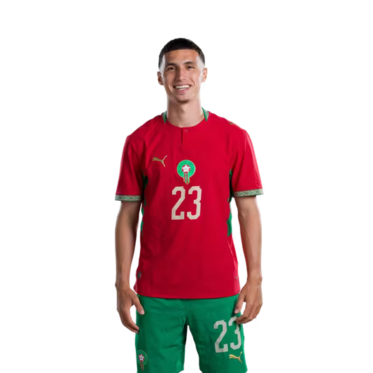Morocco national football team 2026 World Cup jersey (Player/Match version) — Midfielders: No. 16 Yassine Kechta, No. 23 Bilal El Khannouss, No. 24 Neil El Aynaoui./ لاعبو الوسط: رقم 16 جسيم ياسين، رقم 23 بلال الخنوس، رقم 24 نيل العيناوي