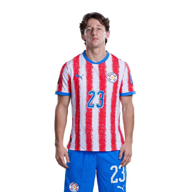 Paraguay National Football Team 2026 World Cup Jersey (Player Version/Match Version) — Midfielders: No. 20 Braian Ojeda, No. 23 Matias Galarza, No. 24 Gustavus Knight / Selección Nacional de Fútbol Paraguay Jersey Mundial