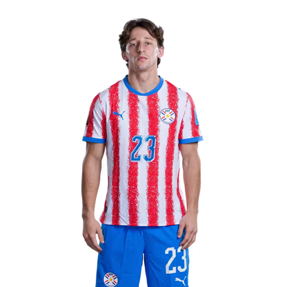 Paraguay National Football Team 2026 World Cup Jersey (Player Version/Match Version) — Midfielders: No. 20 Braian Ojeda, No. 23 Matias Galarza, No. 24 Gustavus Knight / Selección Nacional de Fútbol Paraguay Jersey Mundial
