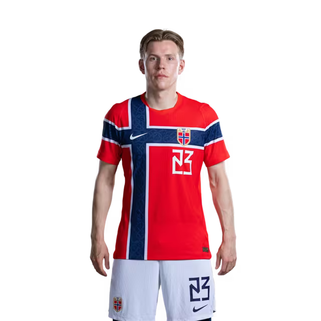 Norway National Team 2026 World Cup Jersey (Player Version/Match Issue) — Midfielders: No. 19 Teo Asgaard, No. 21 Andreas Schjelderup, No. 22 Oscar Bobb, No. 23 Jens Petter Hauge / Norges fotballag 2026 VM-drakt