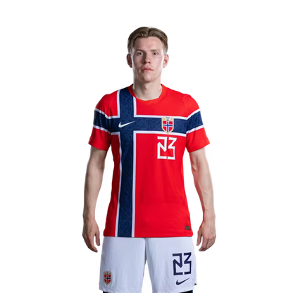 Norway National Team 2026 World Cup Jersey (Player Version/Match Issue) — Midfielders: No. 19 Teo Asgaard, No. 21 Andreas Schjelderup, No. 22 Oscar Bobb, No. 23 Jens Petter Hauge / Norges fotballag 2026 VM-drakt