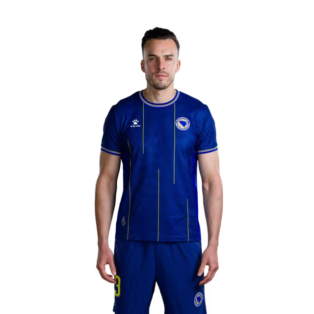 Bosnia and Herzegovina 2026 World Cup Jersey – Player Version – Forwards: No. 19 Kerim Alajbegović, No. 20 Esmir Bajraktarević, No. 23 Haris Tabaković, No. 25 Jovo Lukić / Dres Bosne i Hercegovine za Svjetsko prvenstvo