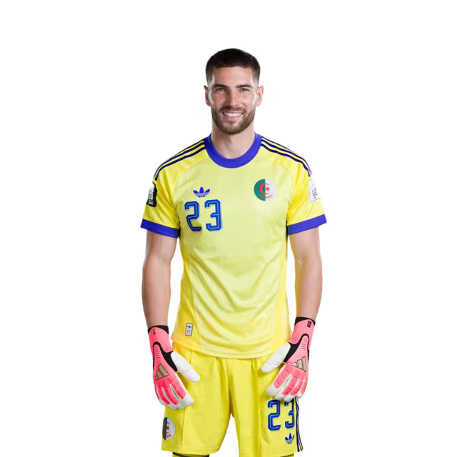 Algeria national football team 2026 World Cup jerseys (Player/Match version) — Goalkeepers: No. 1 Melvin Mastil, No. 16 Oussama Benbot, No. 23 Luca Zidane./ حراس المرمى: رقم 1 ميلفين ماستيل، رقم 16 أسامة بنبوت، رقم 23 لوكا زيدان