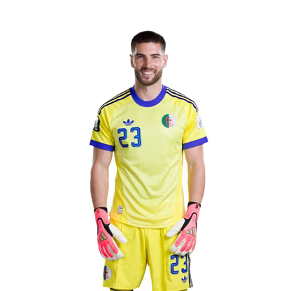 Algeria national football team 2026 World Cup jerseys (Player/Match version) — Goalkeepers: No. 1 Melvin Mastil, No. 16 Oussama Benbot, No. 23 Luca Zidane./ حراس المرمى: رقم 1 ميلفين ماستيل، رقم 16 أسامة بنبوت، رقم 23 لوكا زيدان
