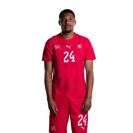 Switzerland National Team 2026 Jersey (Player Version) — Defenders: No. 24 Aurèle Amenda, No. 25 Luca Jaquez / Verteidiger: Nr. 24 Aurele Amenda, Nr. 25 Luca Jaquez