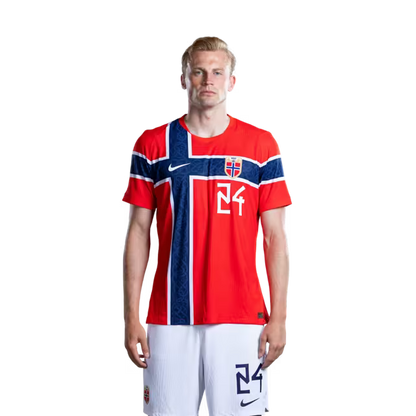 Norway National Football Team 2026 World Cup Jersey (Player Version/Match Version) — Defenders: No. 24 Sondre Langas, No. 25 Henrik Falchener / Forsvarere: Nr. 24 Sondre LANGAS, nr. 25 Henrik FALCHENER