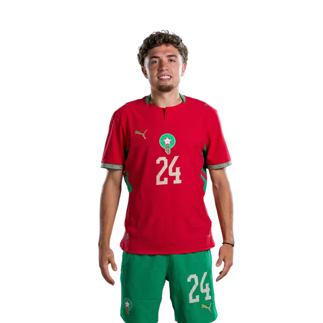Morocco national football team 2026 World Cup jersey (Player/Match version) — Midfielders: No. 16 Yassine Kechta, No. 23 Bilal El Khannouss, No. 24 Neil El Aynaoui./ لاعبو الوسط: رقم 16 جسيم ياسين، رقم 23 بلال الخنوس، رقم 24 نيل العيناوي