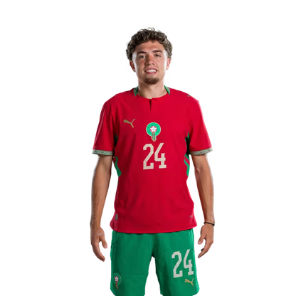 Morocco national football team 2026 World Cup jersey (Player/Match version) — Midfielders: No. 16 Yassine Kechta, No. 23 Bilal El Khannouss, No. 24 Neil El Aynaoui./ لاعبو الوسط: رقم 16 جسيم ياسين، رقم 23 بلال الخنوس، رقم 24 نيل العيناوي