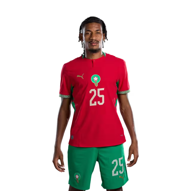 Morocco national football team 2026 World Cup jersey (Player/Match version) — Defenders: No. 19 Youssef Belammari, No. 25 Redouane Halhal, No. 26 Anas Salah-Eddine./ المدافعون: رقم 19 يوسف بلعمري، رقم 25 رضوان حلحال، رقم 26 أنس صلاح الدين.