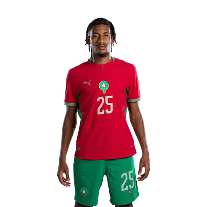 Morocco national football team 2026 World Cup jersey (Player/Match version) — Defenders: No. 19 Youssef Belammari, No. 25 Redouane Halhal, No. 26 Anas Salah-Eddine./ المدافعون: رقم 19 يوسف بلعمري، رقم 25 رضوان حلحال، رقم 26 أنس صلاح الدين.
