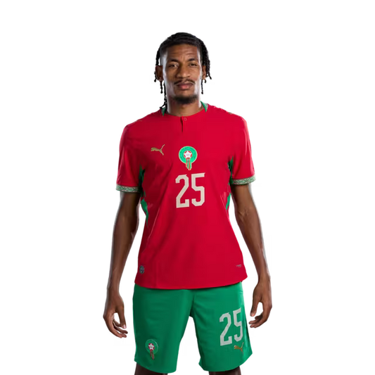 Morocco national football team 2026 World Cup jersey (Player/Match version) — Defenders: No. 19 Youssef Belammari, No. 25 Redouane Halhal, No. 26 Anas Salah-Eddine./ المدافعون: رقم 19 يوسف بلعمري، رقم 25 رضوان حلحال، رقم 26 أنس صلاح الدين.