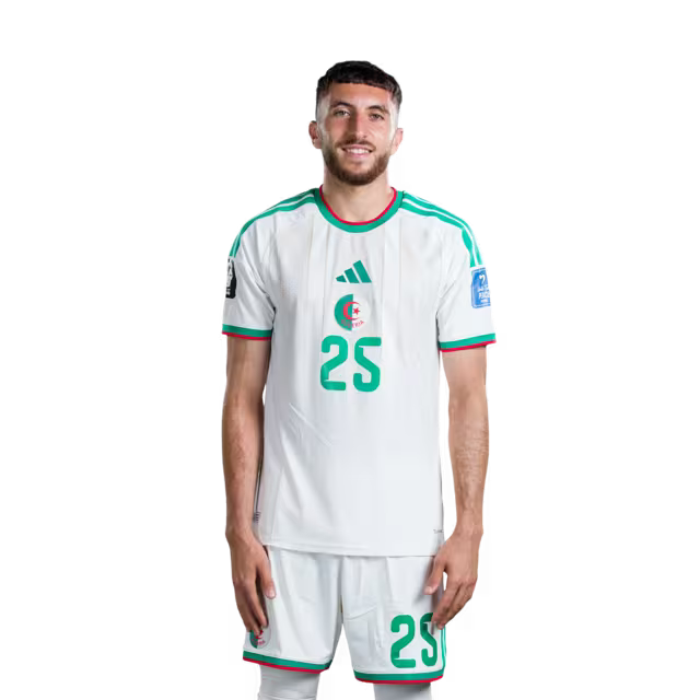 Algeria national football team 2026 World Cup jersey (player/match version) — Forwards: No. 12 Nadir Benbouali, No. 18 Mohamed Amoura, No. 20 Adel Boulbina, No. 25 Fares Ghedjemis./قميص المنتخب الجزائري لكرة القدم لكأس العالم 2026