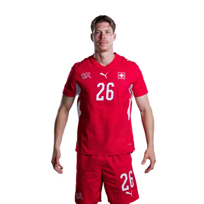 Switzerland National Team 2026 Jersey (Player Version) — Forwards: No. 17 Ruben Vargas, No. 19 Noah Okafor, No. 23 Zeki Amdouni, No. 26 Cedric Itten/ Stürmer: Nr. 17 Ruben Vargas, Nr. 19 Noah Okafor, Nr. 23 Zeki Amdouni, Nr. 26 Cedric Itten