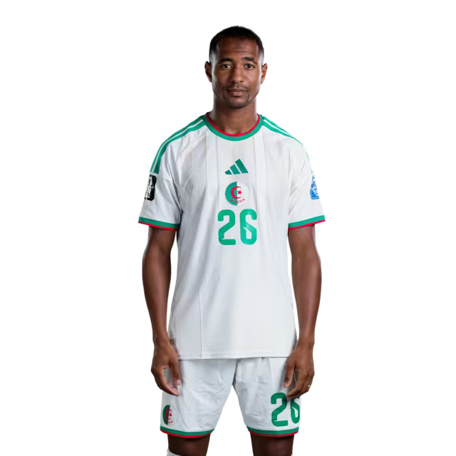 Algeria national football team 2026 World Cup jersey (player/match version) — Defenders: No. 17 Rafik Belghali, No. 21 Ramy Bensebaini, No. 26 Samir Chergui./المدافعون: رقم 17 رفيق بلغالي، رقم 21 رامي بن سبعيني، رقم 26 سمير شرقي