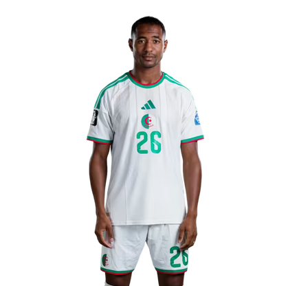 Algeria national football team 2026 World Cup jersey (player/match version) — Defenders: No. 17 Rafik Belghali, No. 21 Ramy Bensebaini, No. 26 Samir Chergui./المدافعون: رقم 17 رفيق بلغالي، رقم 21 رامي بن سبعيني، رقم 26 سمير شرقي