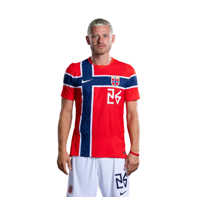 Norway National Football Team 2026 World Cup Jersey (Player Version/Match Issue) — Forwards: No. 20 Antonio Nusa, No. 26 Julian Ryerson / Spisser: Nr. 20 Antonio NUSA, nr. 26 Julian RYERSON