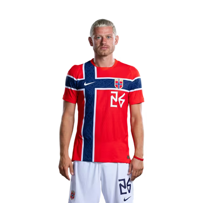 Norway National Football Team 2026 World Cup Jersey (Player Version/Match Issue) — Forwards: No. 20 Antonio Nusa, No. 26 Julian Ryerson / Spisser: Nr. 20 Antonio NUSA, nr. 26 Julian RYERSON