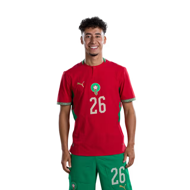 Morocco national football team 2026 World Cup jersey (Player/Match version) — Defenders: No. 19 Youssef Belammari, No. 25 Redouane Halhal, No. 26 Anas Salah-Eddine./ المدافعون: رقم 19 يوسف بلعمري، رقم 25 رضوان حلحال، رقم 26 أنس صلاح الدين.