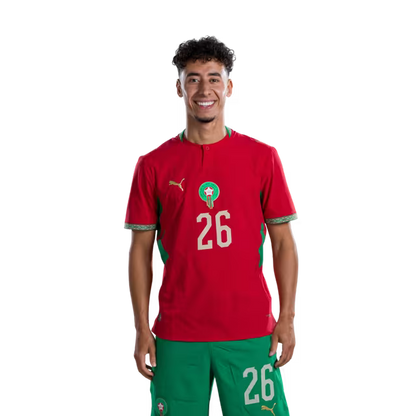 Morocco national football team 2026 World Cup jersey (Player/Match version) — Defenders: No. 19 Youssef Belammari, No. 25 Redouane Halhal, No. 26 Anas Salah-Eddine./ المدافعون: رقم 19 يوسف بلعمري، رقم 25 رضوان حلحال، رقم 26 أنس صلاح الدين.