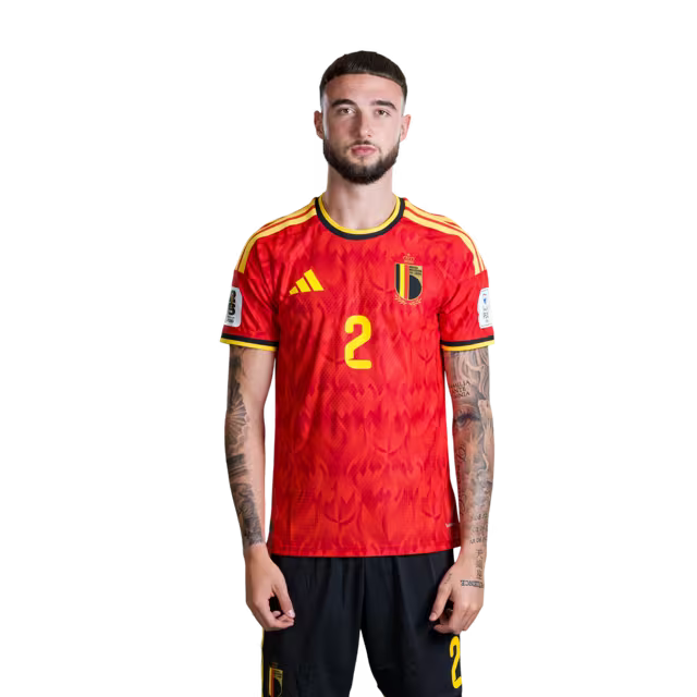 Belgium National Football Team – 2026 World Cup Jersey (Player Version/Match Version) – Defenders: No. 2 Zeno Debast, No. 3 Arthur Theate, No. 4 Brandon Mechele/ Verdedigers: nr. 2 Zeno DEBAST, nr. 3 Arthur THEATE, nr. 4 Brandon MECHELE