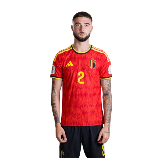 Belgium National Football Team – 2026 World Cup Jersey (Player Version/Match Version) – Defenders: No. 2 Zeno Debast, No. 3 Arthur Theate, No. 4 Brandon Mechele/ Verdedigers: nr. 2 Zeno DEBAST, nr. 3 Arthur THEATE, nr. 4 Brandon MECHELE