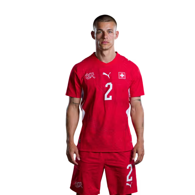 Switzerland National Team 2026 Jersey (Player Version) — Defenders: No. 2 Miro Muheim, No. 3 Silvan Widmer, No. 4 Nico Elvedi / Verteidiger: Nr. 2 Miro Müheim, Nr. 3 Silvan Widmer, Nr. 4 Nico Elvedi