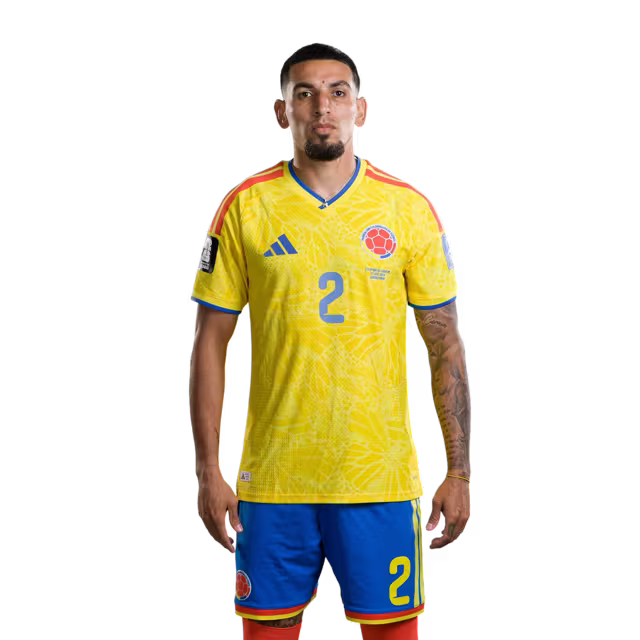 Colombia National Team 2026 World Cup Jersey (Player Version/Match Version) — Defenders: No. 2 Daniel Muñoz, No. 3 Jhon Lucumí, No. 4 Santiago Arias./Defensas: N.º 2 Daniel Muñoz, N.º 3 Jhon Lucumí, N.º 4 Santiago Arias.