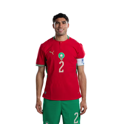 Morocco National Football Team 2026 World Cup Jersey (Player/Match Version) — Defenders: No. 2 Achraf Hakimi, No. 3 Noussair Mazraoui, No. 5 Marwane Saâdane./ المدافعون: رقم 2 أشرف حكيمي، رقم 3 نصير مزراوي، رقم 5 مروان سعدان.