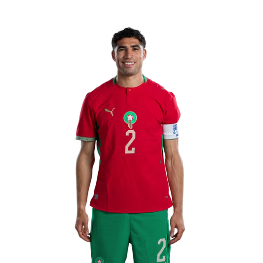 Morocco National Football Team 2026 World Cup Jersey (Player/Match Version) — Defenders: No. 2 Achraf Hakimi, No. 3 Noussair Mazraoui, No. 5 Marwane Saâdane./ المدافعون: رقم 2 أشرف حكيمي، رقم 3 نصير مزراوي، رقم 5 مروان سعدان.