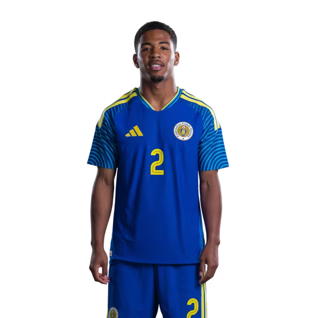 2026 World Cup Curaçao national football team jerseys (player/match version) — Defenders: No. 2 Shrandy Sambo, No. 3 Julien Gary, and No. 4 Rochon Van Eijma/Defensornan: No. 2 Shrandy Sambo, No. 3 Julien Gari, i No. 4 Rochon Van Eijma.