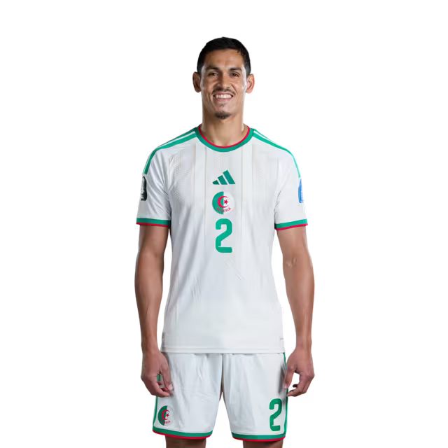 Algeria national football team 2026 World Cup jersey (player/match version) — Defenders: No. 2 Aïssa Mandi, No. 3 Achraf Abada, No. 4 Mohamed Amine Tougai./ المدافعون: رقم 2 عيسى مندي، رقم 3 أشرف عبادة، رقم 4 محمد أمين توغاي