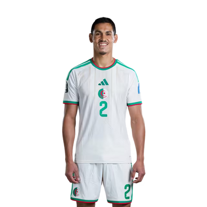 Algeria national football team 2026 World Cup jersey (player/match version) — Defenders: No. 2 Aïssa Mandi, No. 3 Achraf Abada, No. 4 Mohamed Amine Tougai./ المدافعون: رقم 2 عيسى مندي، رقم 3 أشرف عبادة، رقم 4 محمد أمين توغاي