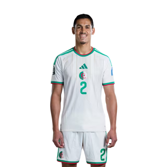 Algeria national football team 2026 World Cup jersey (player/match version) — Defenders: No. 2 Aïssa Mandi, No. 3 Achraf Abada, No. 4 Mohamed Amine Tougai./ المدافعون: رقم 2 عيسى مندي، رقم 3 أشرف عبادة، رقم 4 محمد أمين توغاي