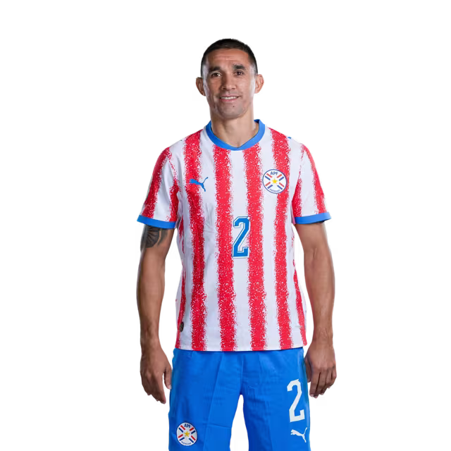 Paraguay National Football Team 2026 World Cup Jersey (Player Version/Match Version) — Defenders: No. 2 Gustavo Velázquez, No. 3 Omar Alderete, No. 4 John Joseph Cáceres / Selección Nacional de Fútbol Paraguay Jersey Mundial