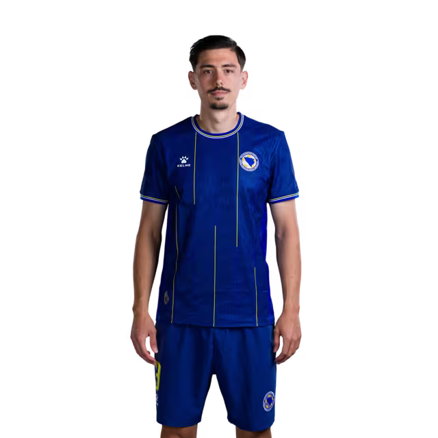 Bosnia and Herzegovina 2026 World Cup Jersey – Player Version – Match Version – Defenders: No. 2 Nihad MUJAKIĆ, No. 3 Dennis HADŽIKADUNIĆ, No. 4 Tarik MUHAREMOVIĆ / Odbrambeni igrači: Br. 2 Nihad MUJAKIĆ, Br. 3 Dennis HADŽIKADUNIĆ, Br. 4 Tarik MUHAREMOVIĆ