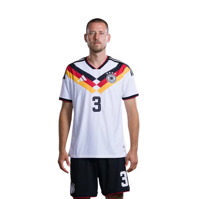 Trikot der deutschen Fußballnationalmannschaft für die Weltmeisterschaft 2026 (Spielerversion/Spielversion) — Verteidiger: Nr. 2 Antonio Rüdiger, Nr. 3 Waldemar Anton, Nr. 4 Jonathan Tah