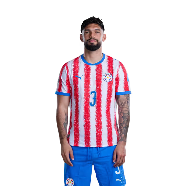 Paraguay National Football Team 2026 World Cup Jersey (Player Version/Match Version) — Defenders: No. 2 Gustavo Velázquez, No. 3 Omar Alderete, No. 4 John Joseph Cáceres / Selección Nacional de Fútbol Paraguay Jersey Mundial
