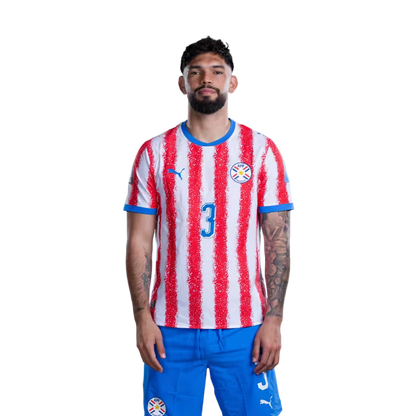 Paraguay National Football Team 2026 World Cup Jersey (Player Version/Match Version) — Defenders: No. 2 Gustavo Velázquez, No. 3 Omar Alderete, No. 4 John Joseph Cáceres / Selección Nacional de Fútbol Paraguay Jersey Mundial