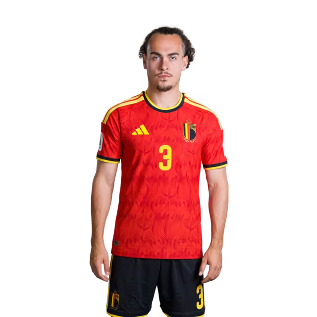 Belgium National Football Team – 2026 World Cup Jersey (Player Version/Match Version) – Defenders: No. 2 Zeno Debast, No. 3 Arthur Theate, No. 4 Brandon Mechele/ Verdedigers: nr. 2 Zeno DEBAST, nr. 3 Arthur THEATE, nr. 4 Brandon MECHELE