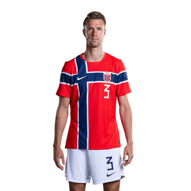 Norway National Football Team 2026 World Cup Jersey (Player Version/Match Version) — Defenders: No. 3 Kristoffer Ajer, No. 4 Leo Østigard, No. 5 David Møller Wolfe / Forsvarere: Nr. 3 Kristoffer AJER, nr. 4 Leo Østigard, nr. 5 David Møller Wolfe