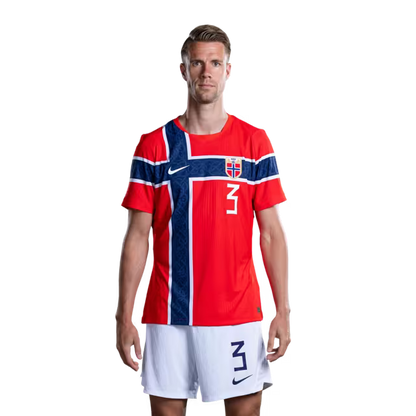 Norway National Football Team 2026 World Cup Jersey (Player Version/Match Version) — Defenders: No. 3 Kristoffer Ajer, No. 4 Leo Østigard, No. 5 David Møller Wolfe / Forsvarere: Nr. 3 Kristoffer AJER, nr. 4 Leo Østigard, nr. 5 David Møller Wolfe